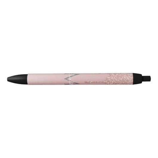 Blush roze Glitter schrijft Monogram Girly Script Zwarte Inkt Pen (Voorkant)