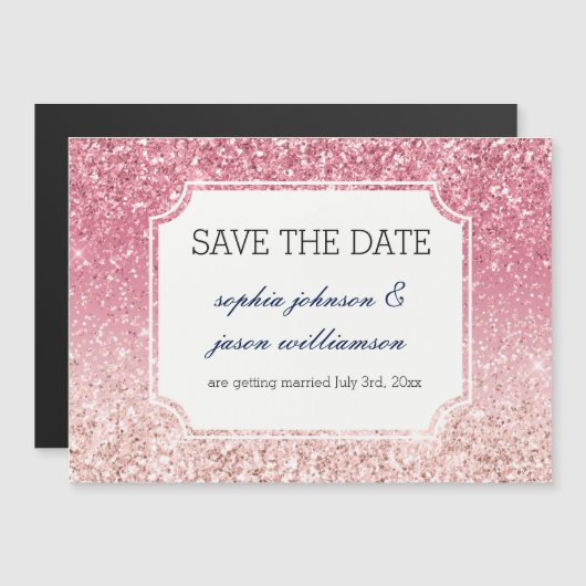 Blush roze glitter slaat de datum op magnetische uitnodiging (Voorkant / Achterkant)