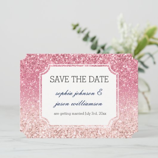 Blush roze glitter slaat de datum op save the date (Staand voorkant)