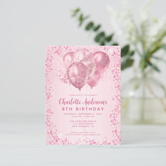Blush Roze Glitter Sparkle Balloon Kids Verjaardag Briefkaart (Staand voorkant)