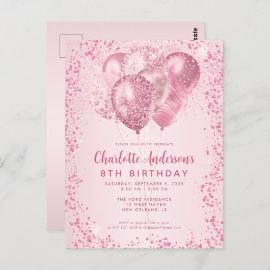 Blush Roze Glitter Sparkle Balloon Kids Verjaardag Briefkaart (Voorkant / Achterkant)