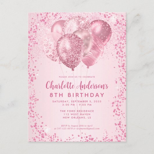 Blush Roze Glitter Sparkle Balloon Kids Verjaardag Briefkaart (Voorkant)
