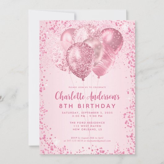 Blush Roze Glitter Sparkle Balloon Kids Verjaardag Kaart (Voorkant)