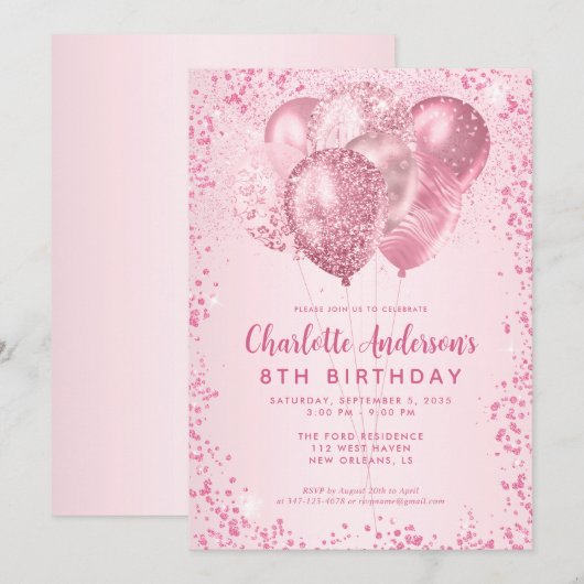 Blush Roze Glitter Sparkle Balloon Kids Verjaardag Kaart (Voorkant / Achterkant)