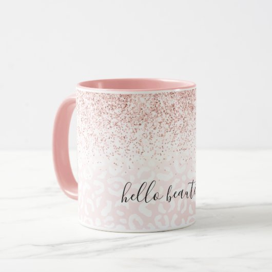 Blush roze glitter Sparkle White Leopard Print  Mok (Voorkant links)