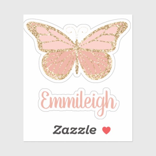 Blush roze glittery Gold Butterfly naam Sticker (Vel)