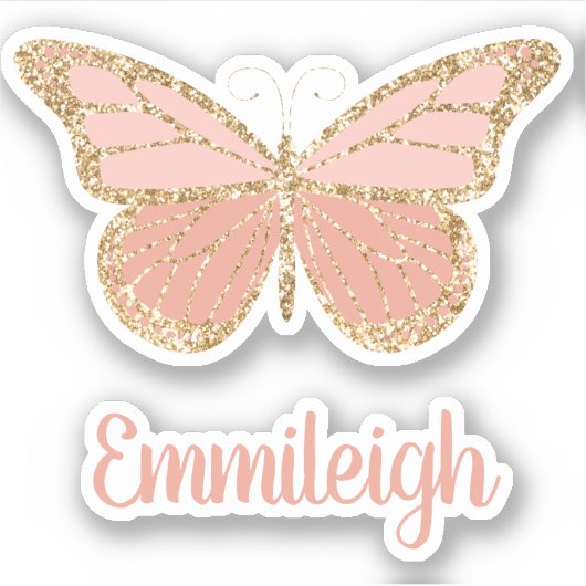 Blush roze glittery Gold Butterfly naam Sticker (Voorkant)