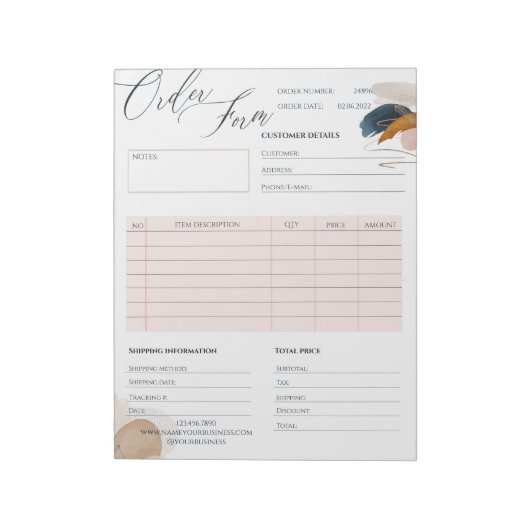 Blush Roze & Gold Business Order Form Notitieblok (Linkerzijde)
