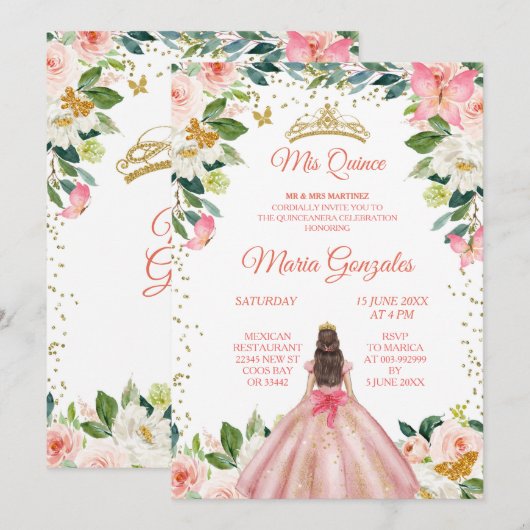Blush Roze & Gold Butterfly Mis Quince Invitation Kaart (Voorkant / Achterkant)