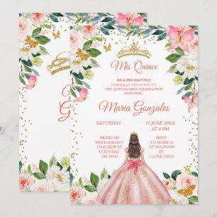 Blush Roze & Gold Butterfly Mis Quince Invitation Kaart