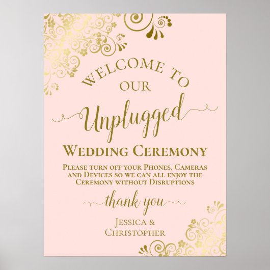 Blush Roze & Gold Chic Unplugged Wedding Ceremony Poster (Voorkant)