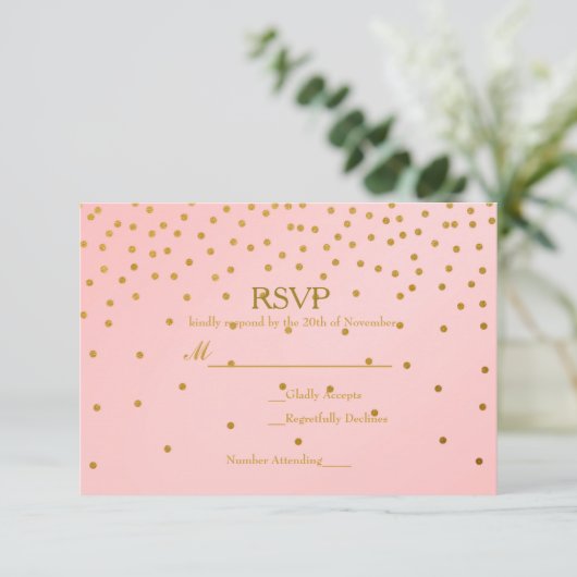 Blush Roze & Gold Folie Confetti bruiloft RSVP Kaa (Staand voorkant)