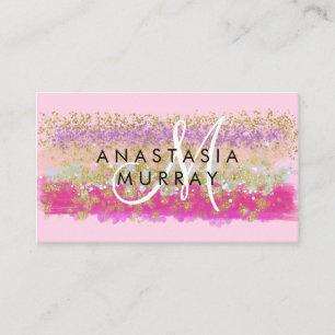 Blush Roze & Gold Glitter Colorful White Monogram Visitekaartje