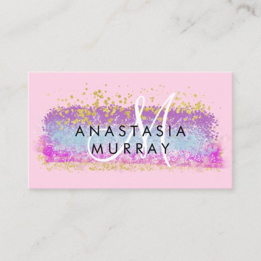 Blush Roze & Gold Glitter Colorful White Monogram Visitekaartje (Voorkant)
