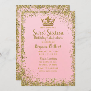 Blush roze & Gold Glitter Crown Sweet 16 Party Kaart