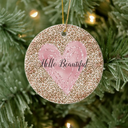 Blush roze Gold Glitter Heart Leopard Print Keramisch Ornament (Boom)