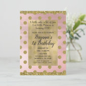 Blush roze & Gold Glitter Polka Dots 1e verjaardag Kaart (Staand voorkant)