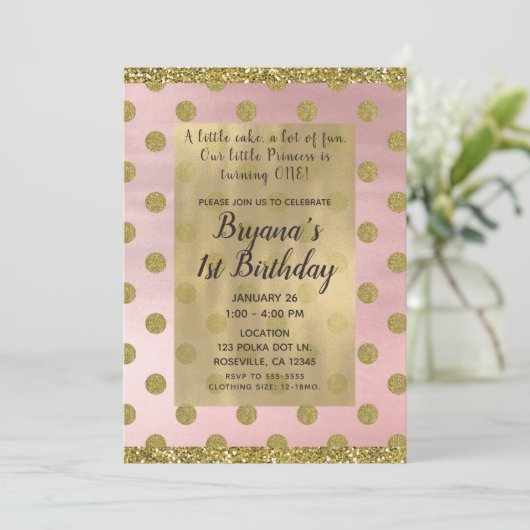 Blush roze & Gold Glitter Polka Dots 1e verjaardag Kaart (Staand voorkant)