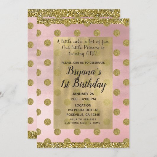 Blush roze & Gold Glitter Polka Dots 1e verjaardag Kaart (Voorkant / Achterkant)