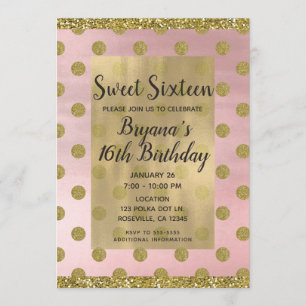 Blush roze & Gold Glitter Polka Dots Sweet 16 16th Kaart