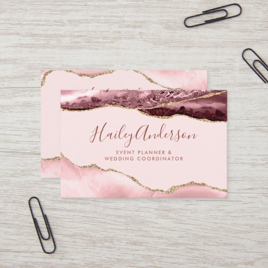Blush roze & Gold Glitter Waterverf Gilded Agate Visitekaartje (Voorkant / Achterkant in situ)
