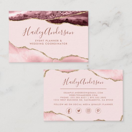 Blush roze & Gold Glitter Waterverf Gilded Agate Visitekaartje (Voorkant / Achterkant)
