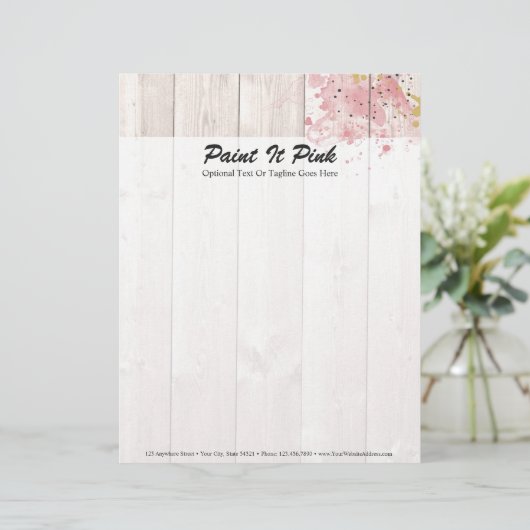 Blush Roze & Gold Paint Splatter op bijtend hout Persoonlijk Briefhoofd (Staand voorkant)