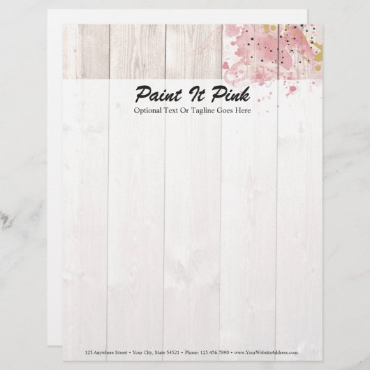 Blush Roze & Gold Paint Splatter op bijtend hout Persoonlijk Briefhoofd (Voorkant / Achterkant)