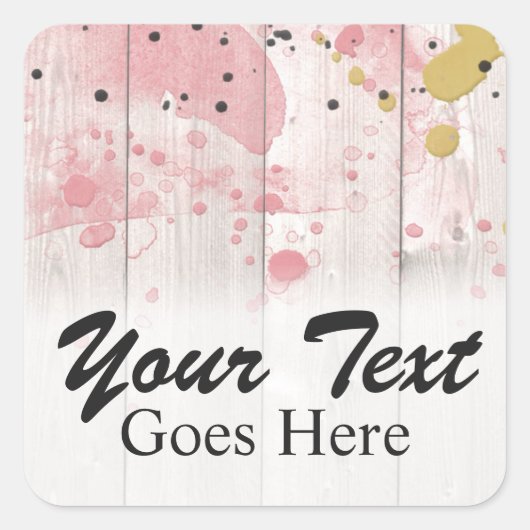 Blush Roze & Gold Paint Splatter op bijtend hout Vierkante Sticker (Voorkant)