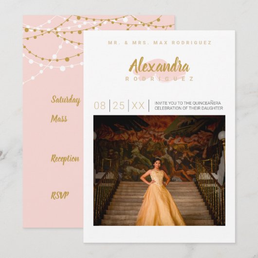 Blush roze & Gold Photo Quinceanera Kaart (Voorkant / Achterkant)