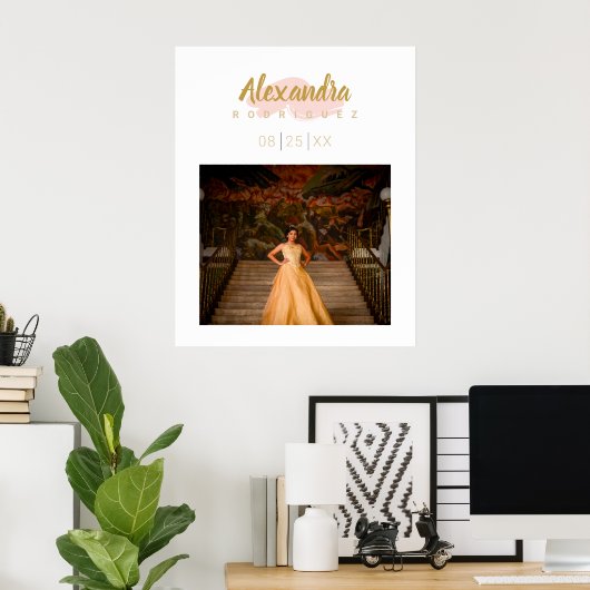 Blush roze & Gold Photo Quinceanera Poster (Thuiskantoor)