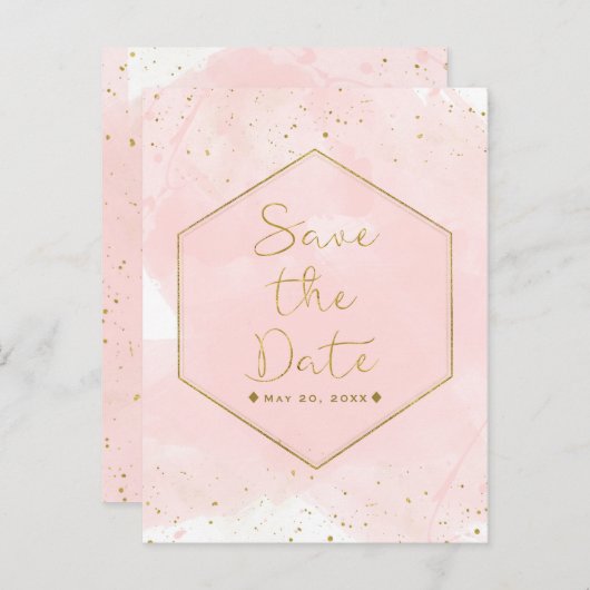 Blush roze & Gold Splatter Modern Save the Date Aankondigingskaart (Voorkant / Achterkant)