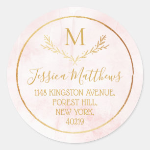 Blush Roze & Gold Wreatemonogram retouradres Ronde Sticker