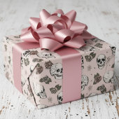 Blush Roze Gotische Schedels en Rozen Bloemen Cadeaupapier