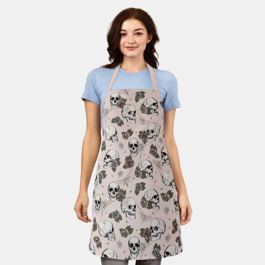 Blush Roze Gotische Schedels en Rozen Bloemen Schort (Gedragen)