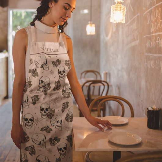 Blush Roze Gotische Schedels en Rozen Custom Name Schort