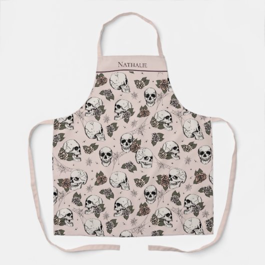 Blush Roze Gotische Schedels en Rozen Custom Name Schort (Voorkant)