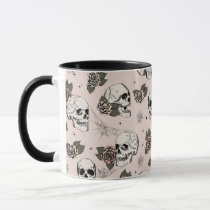 Blush Roze Gotische Schedels en Rozen Halloween Mok