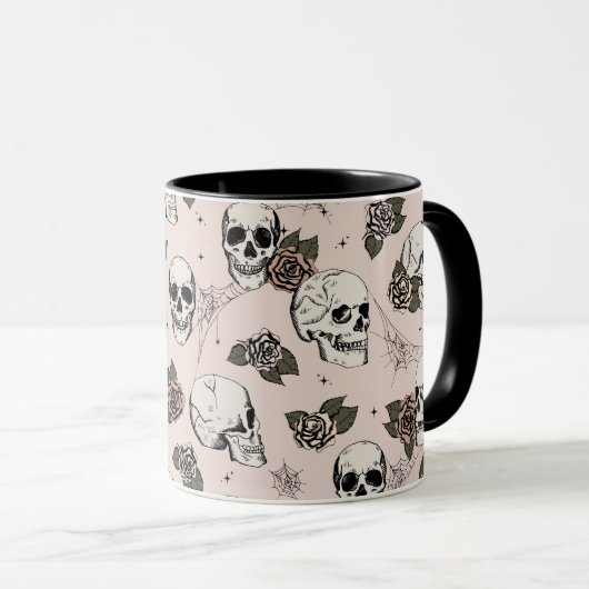 Blush Roze Gotische Schedels en Rozen Halloween Mok (Voorkant rechts)
