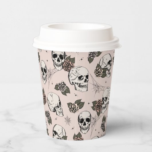 Blush Roze Gotische Schedels en Rozen Halloween Papieren Bekers (Rechts)