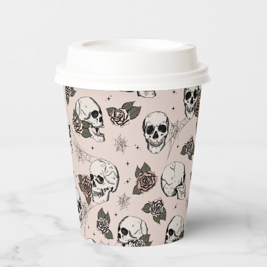 Blush Roze Gotische Schedels en Rozen Halloween Papieren Bekers (Voorkant)