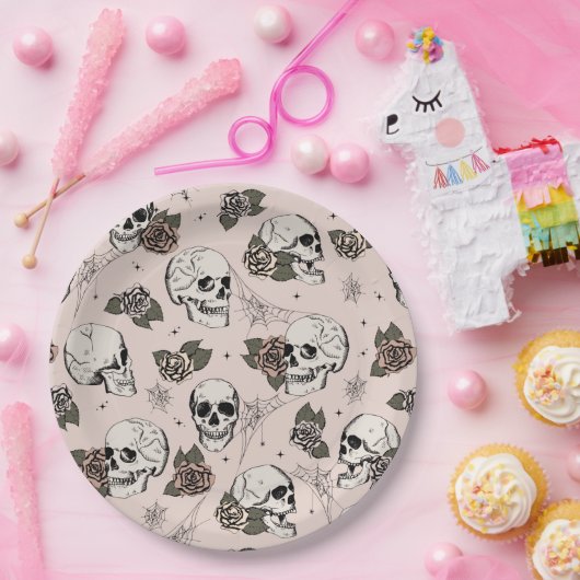 Blush Roze Gotische Schedels en Rozen Halloween Papieren Bordje (Feest)
