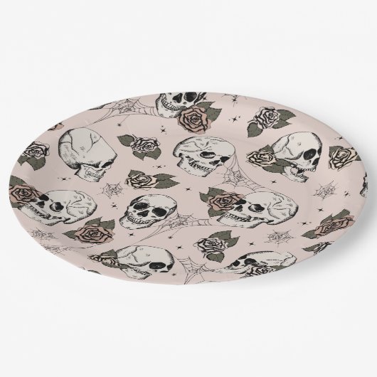 Blush Roze Gotische Schedels en Rozen Halloween Papieren Bordje (Gekanteld)