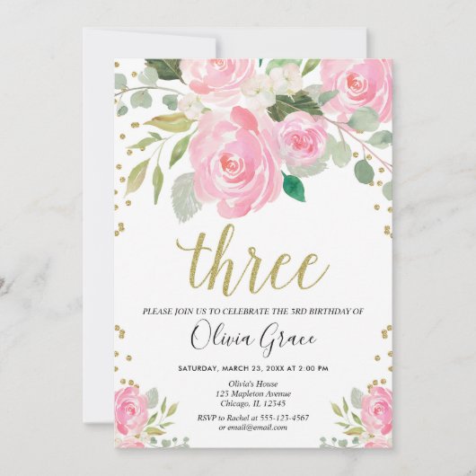 Blush roze goud 3e verjaardag bloemenmeisje verjaa kaart (Voorkant)