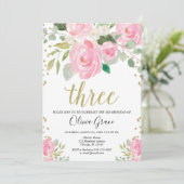 Blush roze goud 3e verjaardag bloemenmeisje verjaa kaart (Staand voorkant)