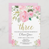 Blush roze goud 3e verjaardag bloemenmeisje verjaa kaart (Voorkant / Achterkant)