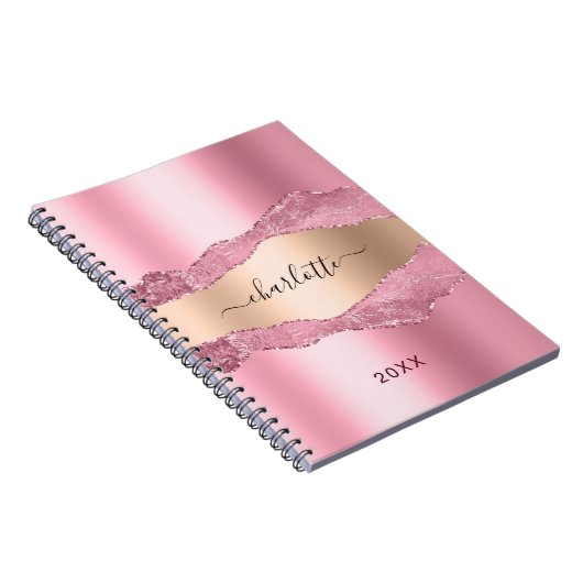 Blush roze goud agaat marmer naam notitieboek (Rechterzijde)