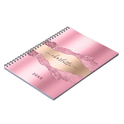 Blush roze goud agaat marmer naam notitieboek (Linkerzijde)