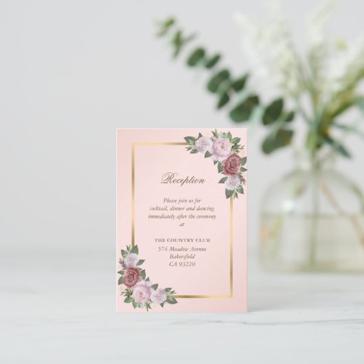 Blush Roze Goud Bloemen Bruiloft Receptie Enclosur Informatiekaartje (Staand voorkant)
