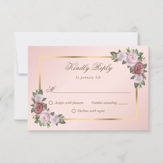 Blush Roze Goud Bloemen Bruiloft RSVP Kaarten Kaartje (Voorkant)